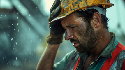 Exhausted male construction worker, foreman with unhappy, unwell, hurt expression, workman injured on job employee in industry holding head, sickness and pain, tired stressed overworked man