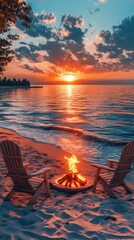 Poster - Sunset Beach Campfire with Adirondack Chairs