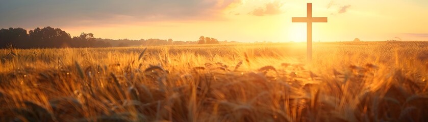 Sticker - Serene Cross in a Golden Wheat Field at Sunrise Capturing Peaceful Faith Concept