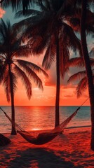 Poster - Tranquil Sunset Over Palm Trees and Hammock