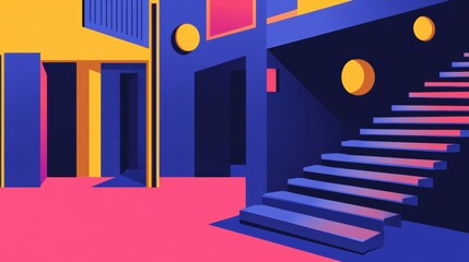 Poster - Vibrant Geometric Interior with Colorful Stairs and Walls