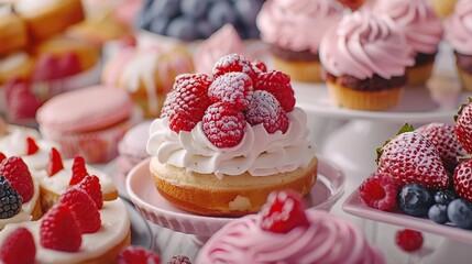 Wall Mural - A Delicious Spread of Cakes, Cupcakes and Pastries with Fresh Berries