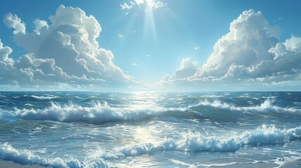 Wall Mural - Serene Ocean Waves Under Bright Sunlit Cloudy Sky