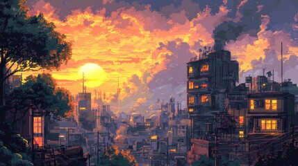 Wall Mural - A pixel art cityscape with a beautiful sunset, colorful skies, and detailed buildings for a picturesque scene.