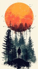 Poster - Silhouette in Forest at Sunset with Large Sun