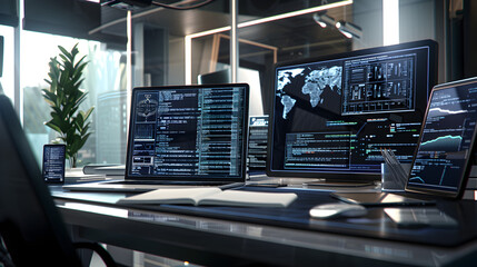 Wall Mural - a computer desk with a laptop, two monitors, and a keyboard