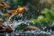 © bramthestocker - A goldfish leaps from a grimy, algae-covered aquarium, its scales shimmering as it arcs through the air towards a pristine, sparkling stream.