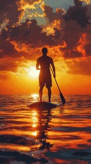 Poster - Silhouette of Paddleboarder at Sunset over Ocean Waves