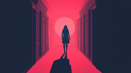 Wall Mural - Silhouette in Neon Hallway: Mysterious Atmosphere