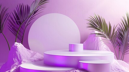 Wall Mural - Vibrant purple podium display with palm leaves and cotton-like textures, creating a dreamy tropical aesthetic for product showcase or modern art installation.