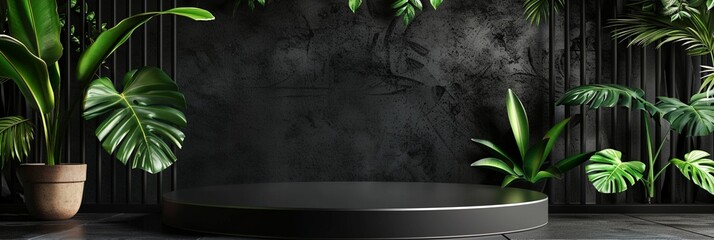 Wall Mural - Minimalist product display podium surrounded by lush tropical plants against a dark textured wall, creating a dramatic and luxurious atmosphere.