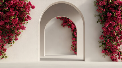 Canvas Print - White Wall with Arches and Pink Bougainvillea Flowers