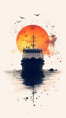 Wall Mural - Stunning Sunset Over a Ship at Sea