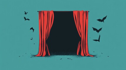 Red Curtains with Floating Bats on a Blue Background