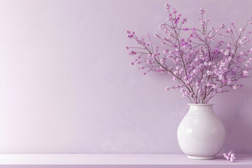 Wall Mural - A white vase with purple flowers sits on a shelf against a pink wall