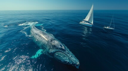 A massive whale glides smoothly through the ocean, surrounded by two sailboats enjoying the tranquil blue water on a clear day