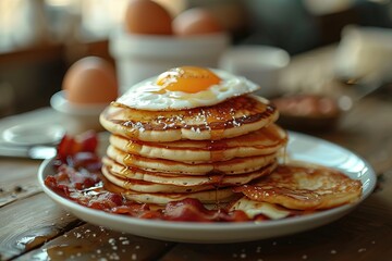 Poster - Stack of pancakes with bacon and a fried egg