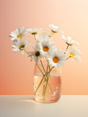 Wall Mural - Daisy flowers in a glass jar with water droplets on petals, soft light, minimalistic background