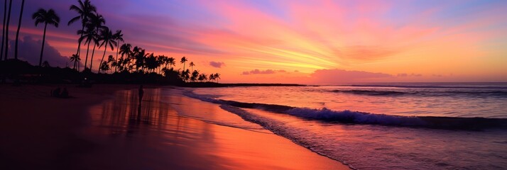 Wall Mural - A tranquil seascape at sunset with a silhouette of palm trees along the sandy shore, capturing the beauty of a tropical paradise.