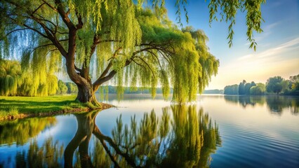 Wall Mural - A serene image of a willow tree gracefully bending over a calm body of water on a peaceful summer morning, idyllic, tranquil, tranquility, scenery, landscape, bending, beauty, branches