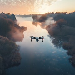 Poster - Drone Capturing Serene Wetland Landscape at Atmospheric Sunrise