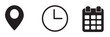 © Pixel Paradise - Time, address, and date icon vector in flat style. Clock, pin map location, and calendar sign symbol