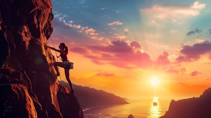 Woman climber success silhouette in mountains ocean and sunset.