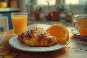 Wall Mural - Delightful Breakfast with Croissant, Orange, and Juice