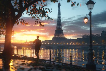 A man is walking along a path next to a river, with the Eiffel Tower in the background. The sky is orange and the water is calm