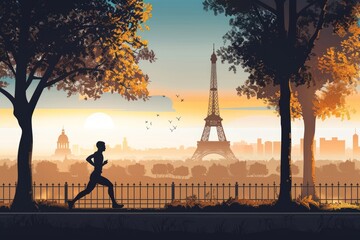 A runner is running in a park with a view of the Eiffel Tower in the background