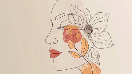 Wall Mural - Women face in one line art style with flowers and leaves.Continuous line art in elegant style for prints, tattoos, posters, textile, cards etc. Beautiful woman face Vector illustration