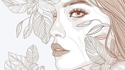 Wall Mural - Women face in one line art style with flowers and leaves.Continuous line art in elegant style for prints, tattoos, posters, textile, cards etc. Beautiful woman face Vector illustration