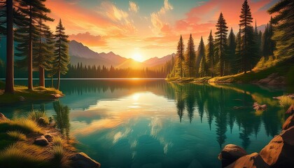 Poster - A tranquil lake surrounded by lush, green pine trees and reflecting the vibrant colors of a setting sun in the water’s surface.

