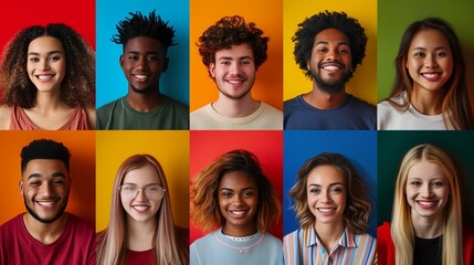 Collage of portraits and faces of multiracial millennial group of various smiling young people good use for userpic and profile picture. diversity concept.