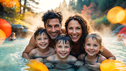 Happy family in thermal pool.