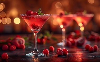 a group of glasses with red liquid and berries.

