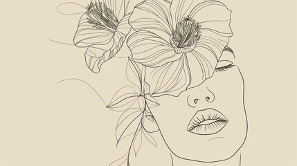 Wall Mural - Women face in one line art style with flowers and leaves.Continuous line art in elegant style for prints, tattoos, posters, textile, cards etc. Beautiful woman face Vector illustration