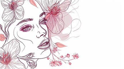 Wall Mural - Women face in one line art style with flowers and leaves.Continuous line art in elegant style for prints, tattoos, posters, textile, cards etc. Beautiful woman face Vector illustration