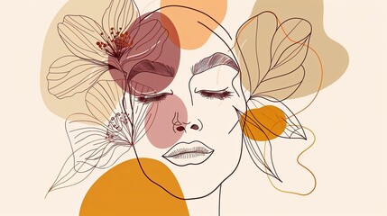 Wall Mural - Women face in one line art style with flowers and leaves.Continuous line art in elegant style for prints, tattoos, posters, textile, cards etc. Beautiful woman face Vector illustration