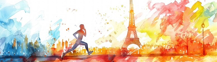 A runner is running in front of the Eiffel Tower. The image is a watercolor painting of a cityscape with the Eiffel Tower in the background. The colors are vibrant