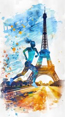 A woman running in front of the Eiffel Tower