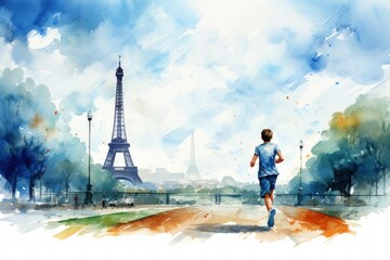 A boy runs in front of the Eiffel Tower. The sky is blue and the trees are green