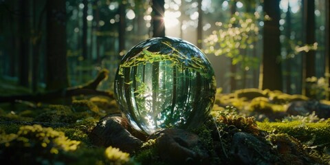 Poster - A transparent glass ball sits in the midst of a dense forest, surrounded by tall trees and underbrush