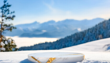 Poster - White Marble Podium on Snowy Mountain Landscape