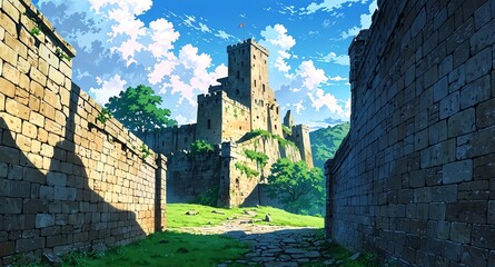 Wall Mural - ancient castle with stone walls background panoramic wide angle view anime cartoon