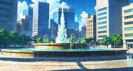 Canvas Print - busy city square with fountains background panoramic wide angle view anime cartoon