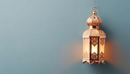 Wall Mural - Ornate Golden Lantern Against a Blue Wall