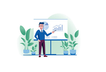 Smiling man or boy giving presentation flat cartoon illustration.ai