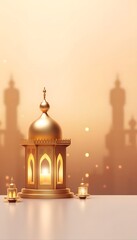 Poster - Golden Lantern with Mosque Silhouette and Warm Background