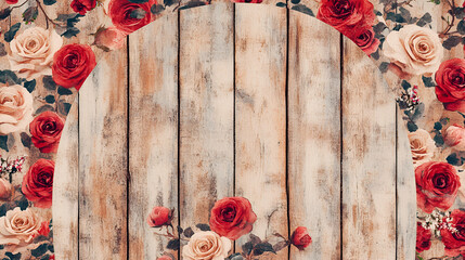 Wall Mural - Rustic Wooden Background with Watercolor Roses